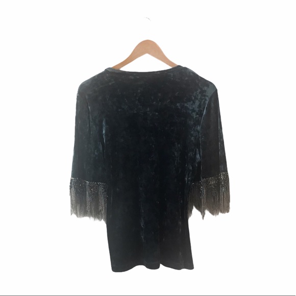 Kobi Halperin Jennifer Velvet Crewneck Fringe-Cuff in Topaz, S - Picture 3 of 11